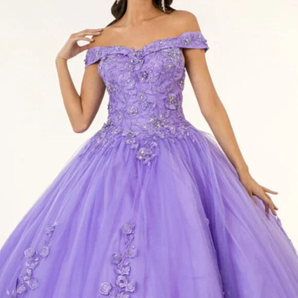 NEW LONG MESH OFF SHOULDER SLEEVELESS EMBROIDERED DRESS WITH LACED BACK GL2802 - Picture 3 of 7